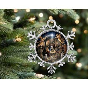 Christmas Manger Bethlehem Faith Religious Faith Silver Snowflake Ornament New